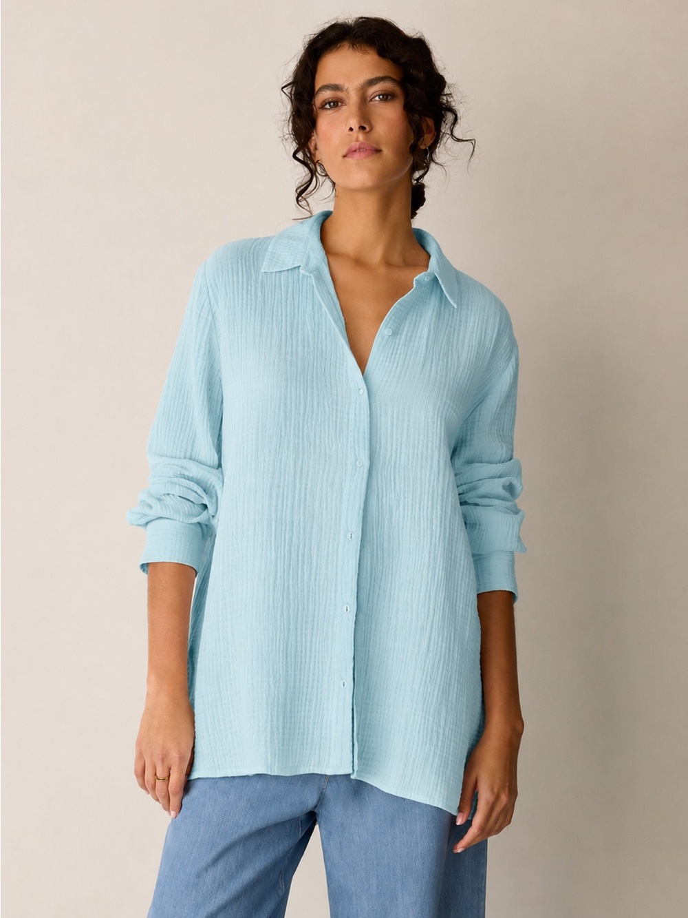 EILEEN FISHER BLUE SKY CLASSIC COLLAR ORGANIC COTTON GAUZE BUTTON DOWN SHIRT TOP